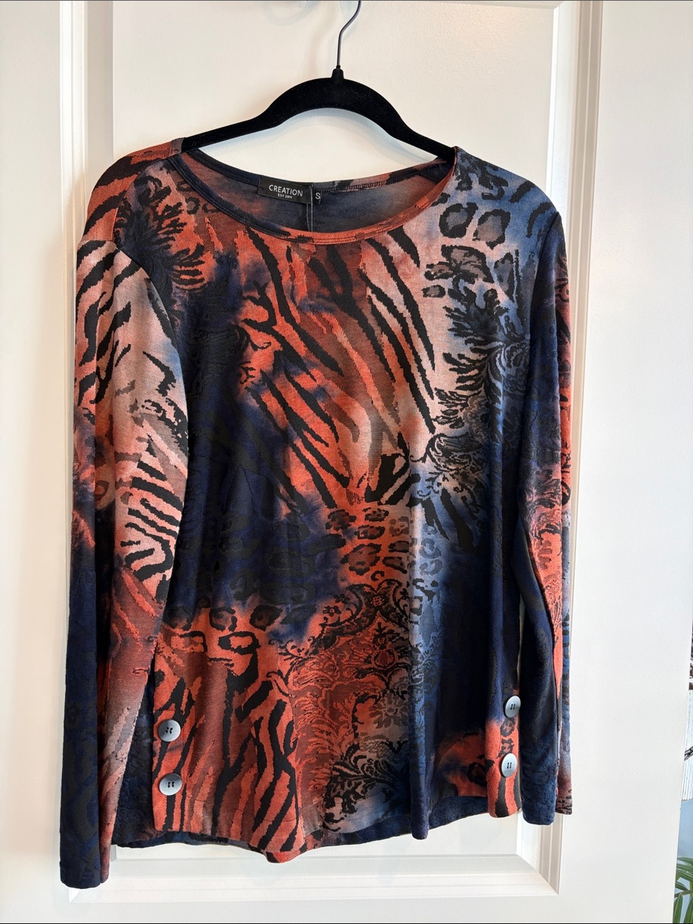 Tiger Print Top in Rust and Black with Button Detail